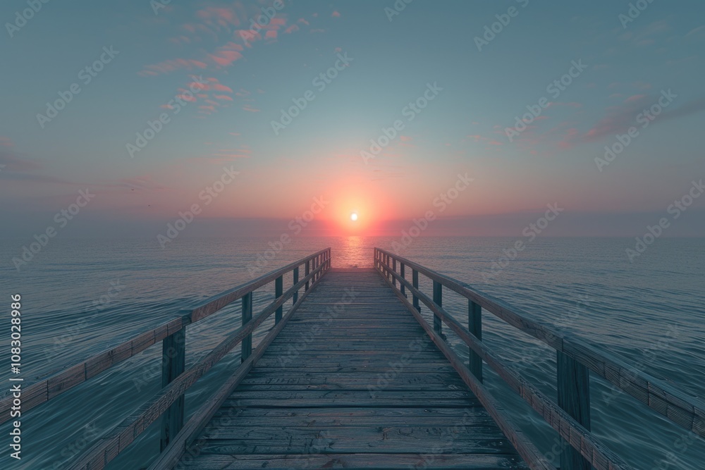 Obraz premium A person stands alone on a pier during sunset, overlooking the calm waters