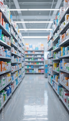 Pharmacy aisle with shelves stocked with various medicine and health products. Perspective view of over-the-counter drugstore items in a clean, well-lit retail environment. Healthcare and pharmaceutic