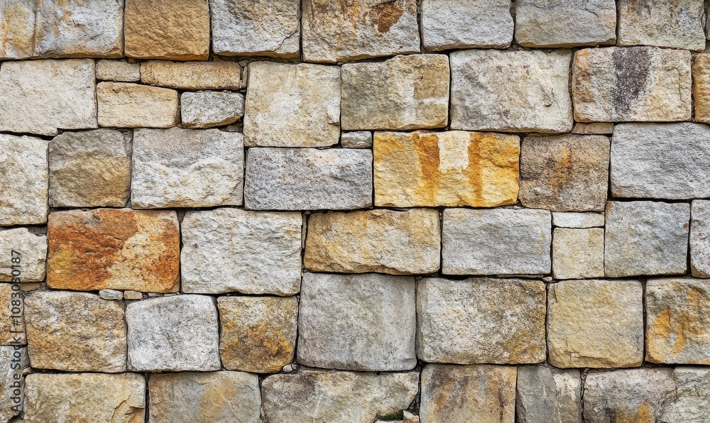 Fototapeta premium A close-up view of a stone wall with rectangular and square stone bricks in various shades of beige, brown, and grey