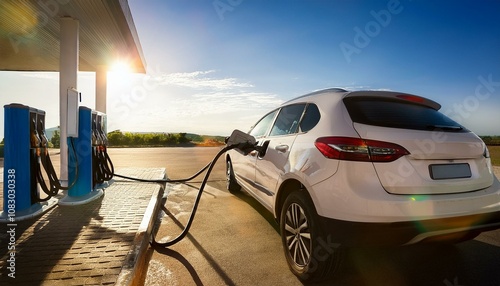 filling up a white car with fuel at a gas station on a sunny day in the afternoon