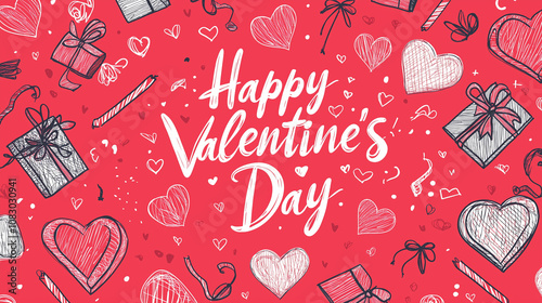 Happy valentine's day greeting card with hand drawn hearts and gifts on red b...