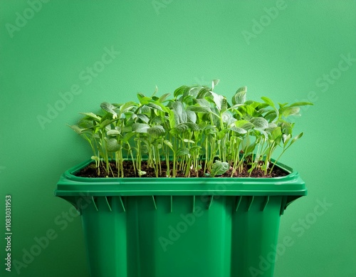 overfilled green bin with sprouting plants against green wall photo