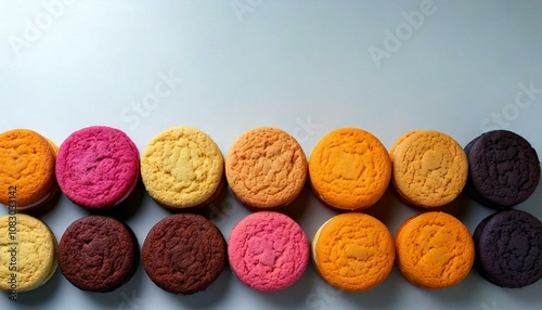 cookies in a variety of flavours and colours in a row with copy space  photo