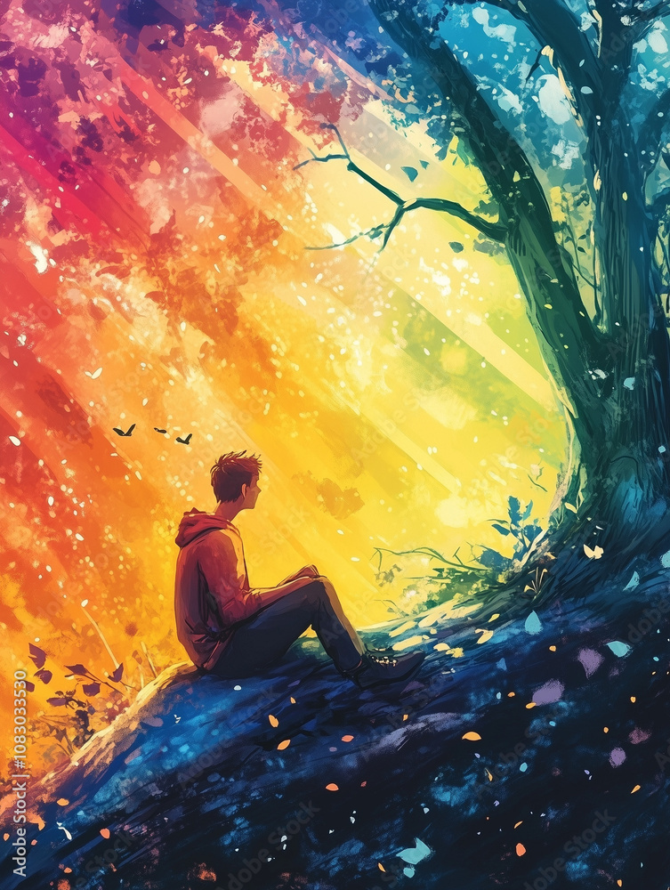 Obraz premium young man under a tree as the light falls through the canopy - illustration - generative ai