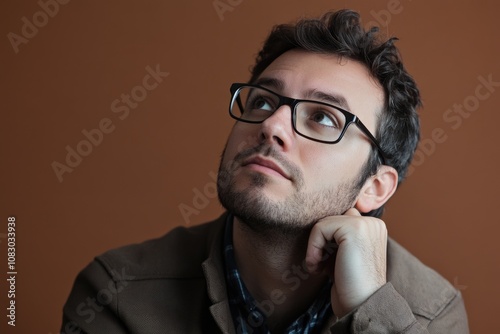 A thoughtful male figure with glasses looks up and tilts his head to the side, lost in thought