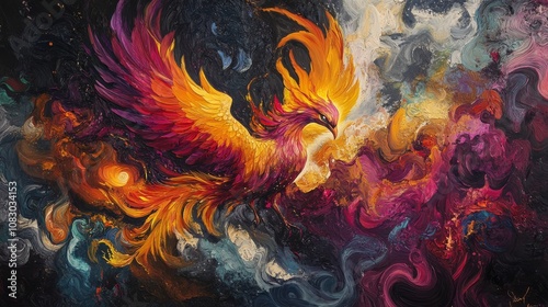 Majestic phoenix rising from colorful abstract flames in a vivid universe