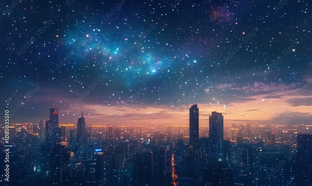 custom made wallpaper toronto digitalVibrant Cityscape with Sparkling Starry Night Sky