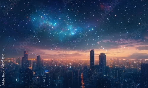 Wallpaper Mural Vibrant Cityscape with Sparkling Starry Night Sky Torontodigital.ca