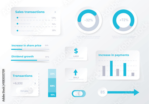 This image features various sales and financial metrics including graphs. Vector illustration
