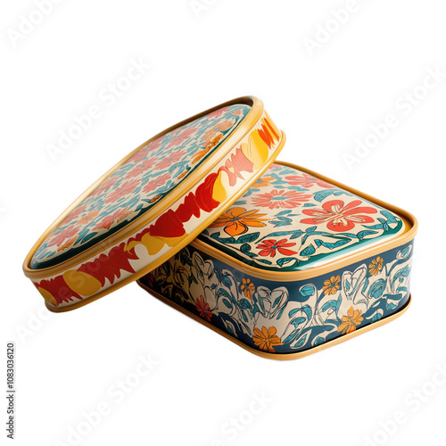 Decorative gift box with Islamic pattern. Colorful lunchbox with floral design. Traditional artwork for Ramadan or Eid Mubarak. Presents and decorations for Islamic festivals. Transparent isolated png photo