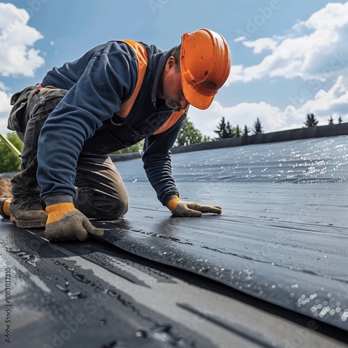 A roofer is focused on laying down zinc roofing material, ensuring a precise installation on a sunny day with a few clouds overhead in an urban setting