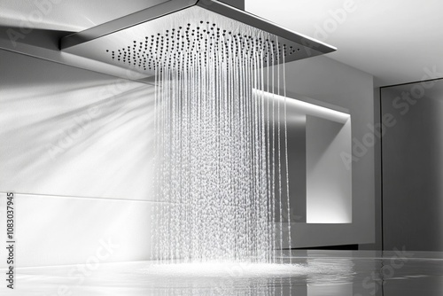 A close-up shot of a shower head with water flowing from it, great for bathroom or health-related concepts photo