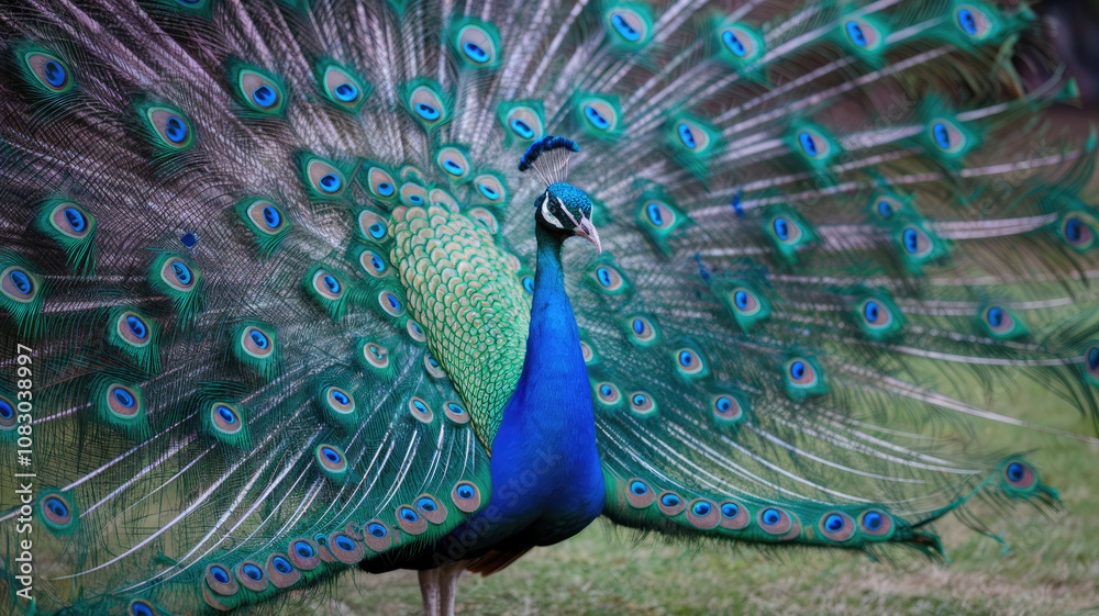 Obraz premium A peacock is standing in a grassy field with its feathers spread out. The bird is large and colorful, with a mix of blue and green feathers. The scene is peaceful and serene