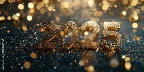 Happy 2025, numbers in gold color on a glittering background with bokeh lights, creates an elegant and festive atmosphere for the New Year s celebration.