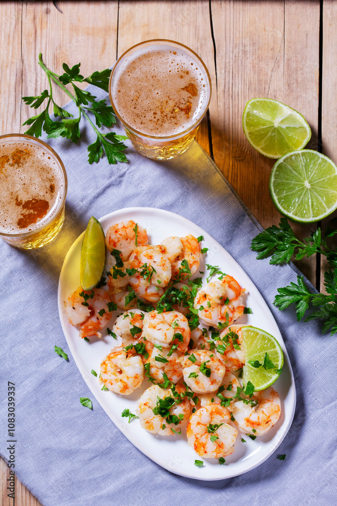 Shrimp cooked with garlic and herbs, served with beer and lime on a wooden table.