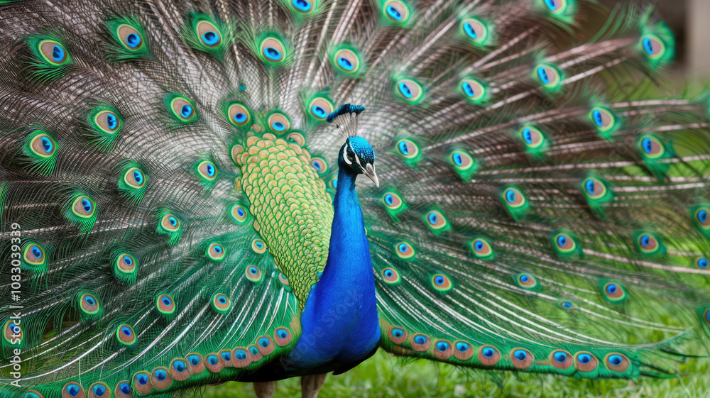 Obraz premium A peacock is standing in a grassy field with its feathers spread out. The bird is large and colorful, with a blue and green pattern on its feathers. The scene is peaceful and serene