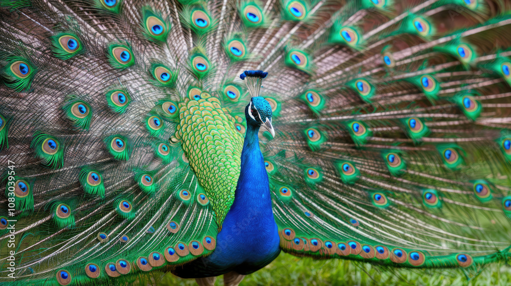 Obraz premium A peacock is standing in a grassy field with its feathers spread out. The bird is surrounded by a lush green environment, which gives the scene a peaceful and serene atmosphere