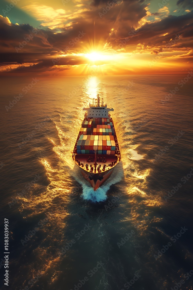 Fototapeta premium A large container ship sailing on the open ocean at sunset.