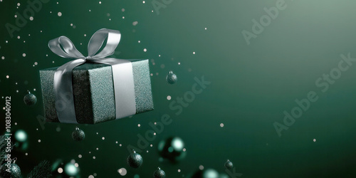 Green Christmas Gift Box With Silver Ribbon on Dark Green Background With Copy Space