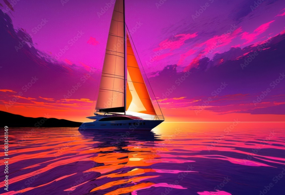 Fototapeta premium mesmerizing sunset displayed over elegant yacht sailing serene ocean water vibrant horizons, sea, luxury, color, reflection, calm, clouds, view, marine