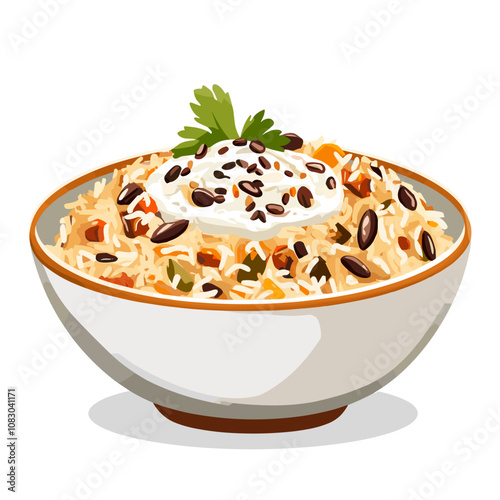 Kabuli Pulao with Yogurt - Afghan Pilaf Dish Illustration