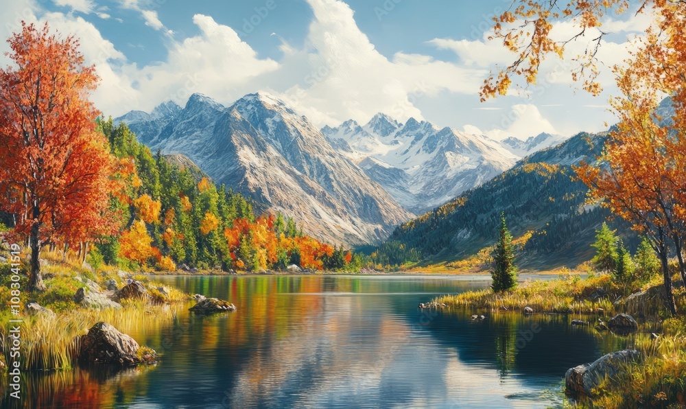 Naklejka premium Create a beautiful landscape painting of a mountain lake in the fall