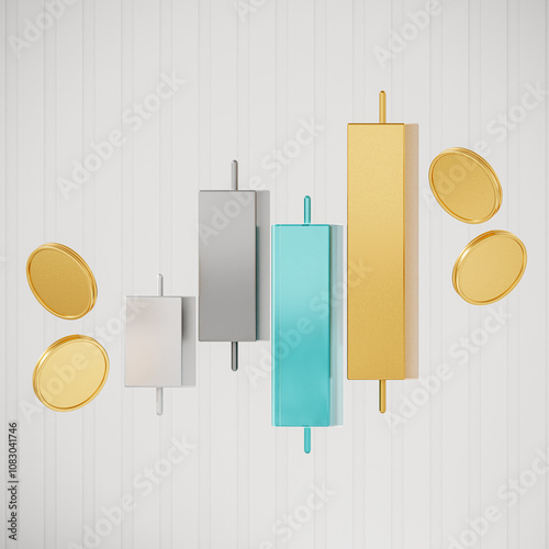 The 3D icon combines Japanese candle, rocket, and trading symbols, representing success, innovation, and financial growth. It features a realistic metal texture design. 3D Illustration
