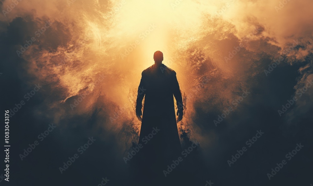 Fototapeta premium Silhouetted Figure Emerges from Shadows Transforming into Heroic Savior