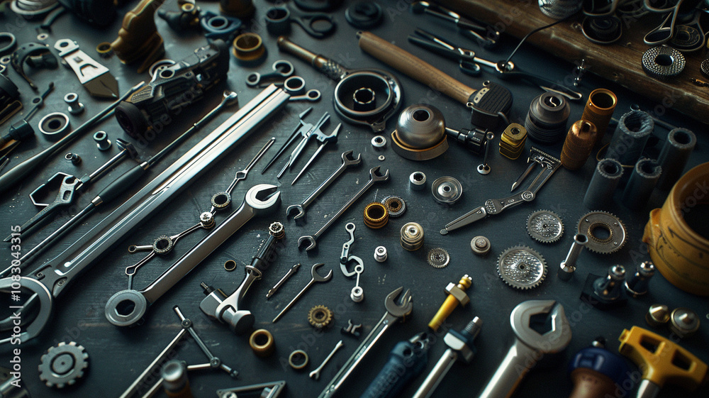 Fototapeta premium Bicycle Parts and Tools Ready for Assembly: A selection of bicycle parts and tools arranged in preparation for assembly, highlighting the precision of the craft.