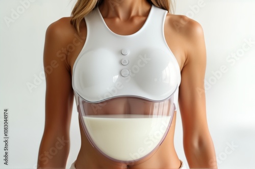 Woman wears futuristic portable hands-free electric breast pump for pumping breast milk. Features transparent container to view milk flow. Tech makes breastfeeding convenient for modern mothers. Pump