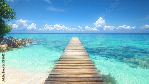 a dock in the ocean with a sky background. idyllic beach destination, tranquil atmosphere, horizon view, summer vacation, photorealistic, high resolution.