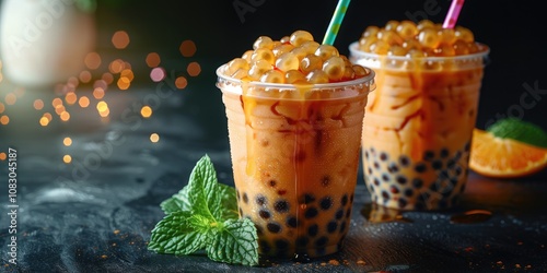 Bubble Tea, filled with tapioca pearls and flavored with fruity syrup, presented in a clear cup with a colorful straw on a dark evening background with beautiful light and shadow photo