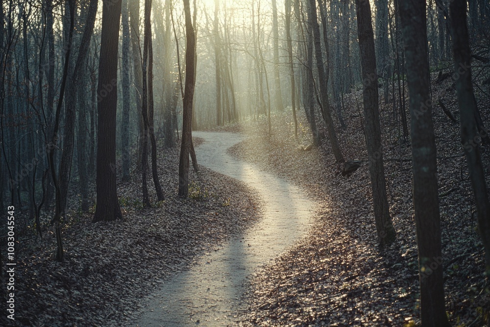 Fototapeta premium A serene woodland scene with sunlight filtering through the trees, perfect for nature-inspired designs and calm atmosphere