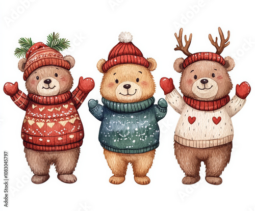 Funny laughing cartoon 4 different bears, best friends wearing Christmas hats or antlers,  photo