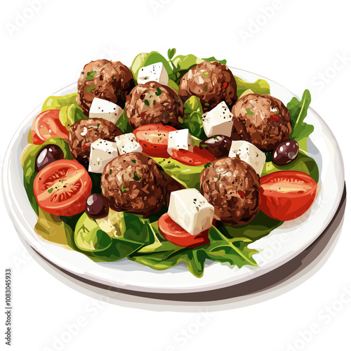 Greek Keftedes with Fresh Greek Salad - Mediterranean Illustration