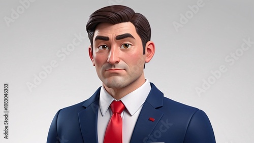 A 3D cartoon man in a suit and tie looking serious.
