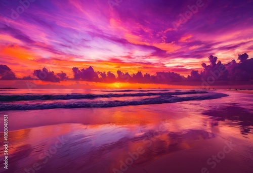 vibrant beach sunset illuminating calming waters vivid colors serene reflection picturesque landscape, ocean, sand, sky, clouds, light, nature, coast, beauty