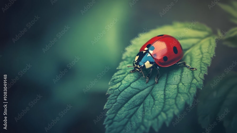 Obraz premium A ladybug perched on a green leaf with a blurred background.