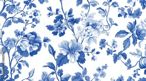 Elegant vintage floral seamless pattern featuring Toile De Jouy style perfect for textiles and wallpaper design