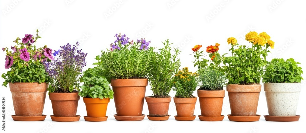 Fototapeta premium Variety of vibrant plants in decorative flower pots against a clean white background ideal for gardening themed banner design