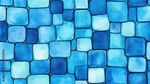 Seamless abstract pattern of hand drawn watercolor square shapes in blue Ornament on a vibrant background