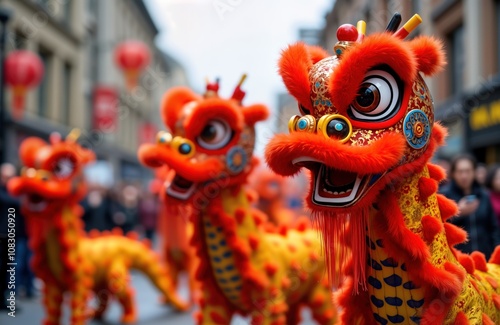 Traditional Chinese dragon dancers perform in street. Red, yellow costumes, colorful headpieces. Chinatown, urban scene, celebration of New Year. China town street parade during holiday season. Asian photo