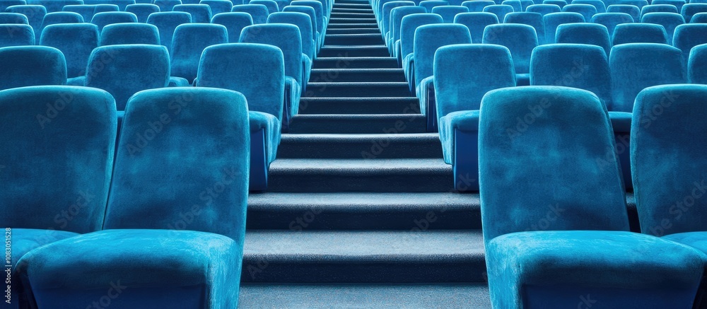 Obraz premium View from the stairs revealing rows of plush blue theater seats with a gentle curve ideal for showcasing cinema designs