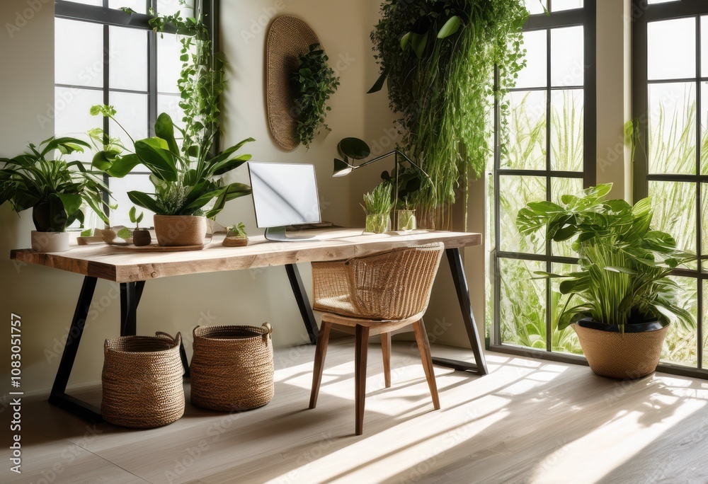 Fototapeta premium stylish nature inspired workspace featuring minimalistic clean organic verdant elements efficient working environment, aesthetic, ambiance, bamboo, balance