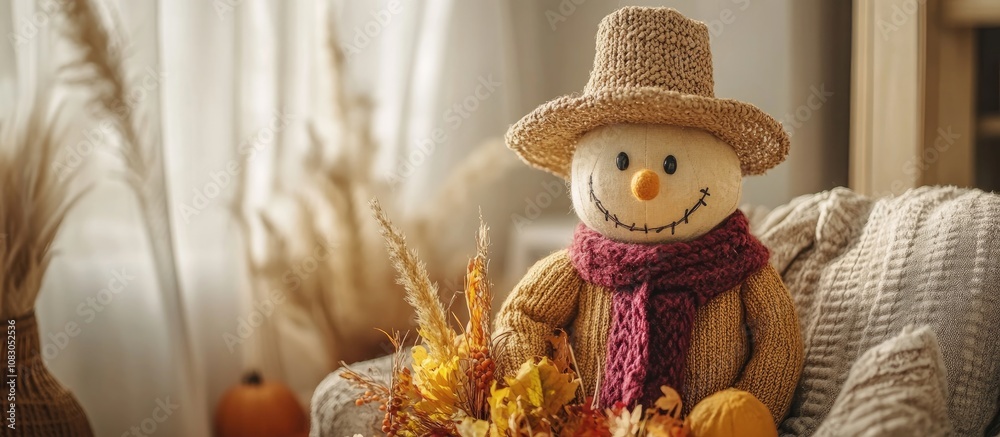Fototapeta premium Whimsical scarecrow decoration creatively arranged in a cozy room setting for festive autumn ambiance