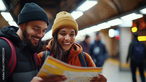 Friends Navigating Metro System in Vibrant City photo