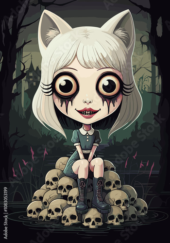 Gothic doll cat girl sitting on a pile of skulls in dark swamp, eerie bulging eyes with running mascara, creepy unsettling expression photo