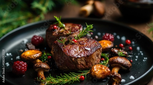 Fototapeta Naklejka Na Ścianę i Meble -  Close up shot showcasing the rich flavors of fried venison medallion garnished with wild mushrooms and forest berries ideal for culinary promotions and menu presentations
