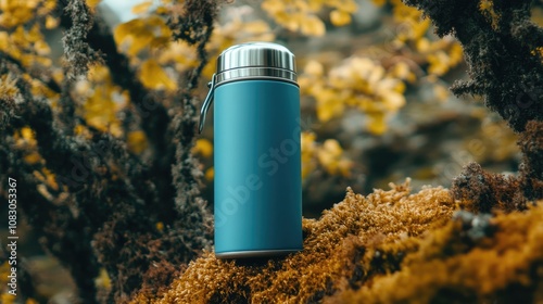 Blue vacuum thermos in an outdoor setting with a mossy tree backdrop Aerial perspective Ideal for themes related to outdoor activities warm beverages hiking and travel photo