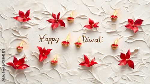 Diwali celebration setup with glowing diyas, red floral decor, and Happy Diwali lettering photo